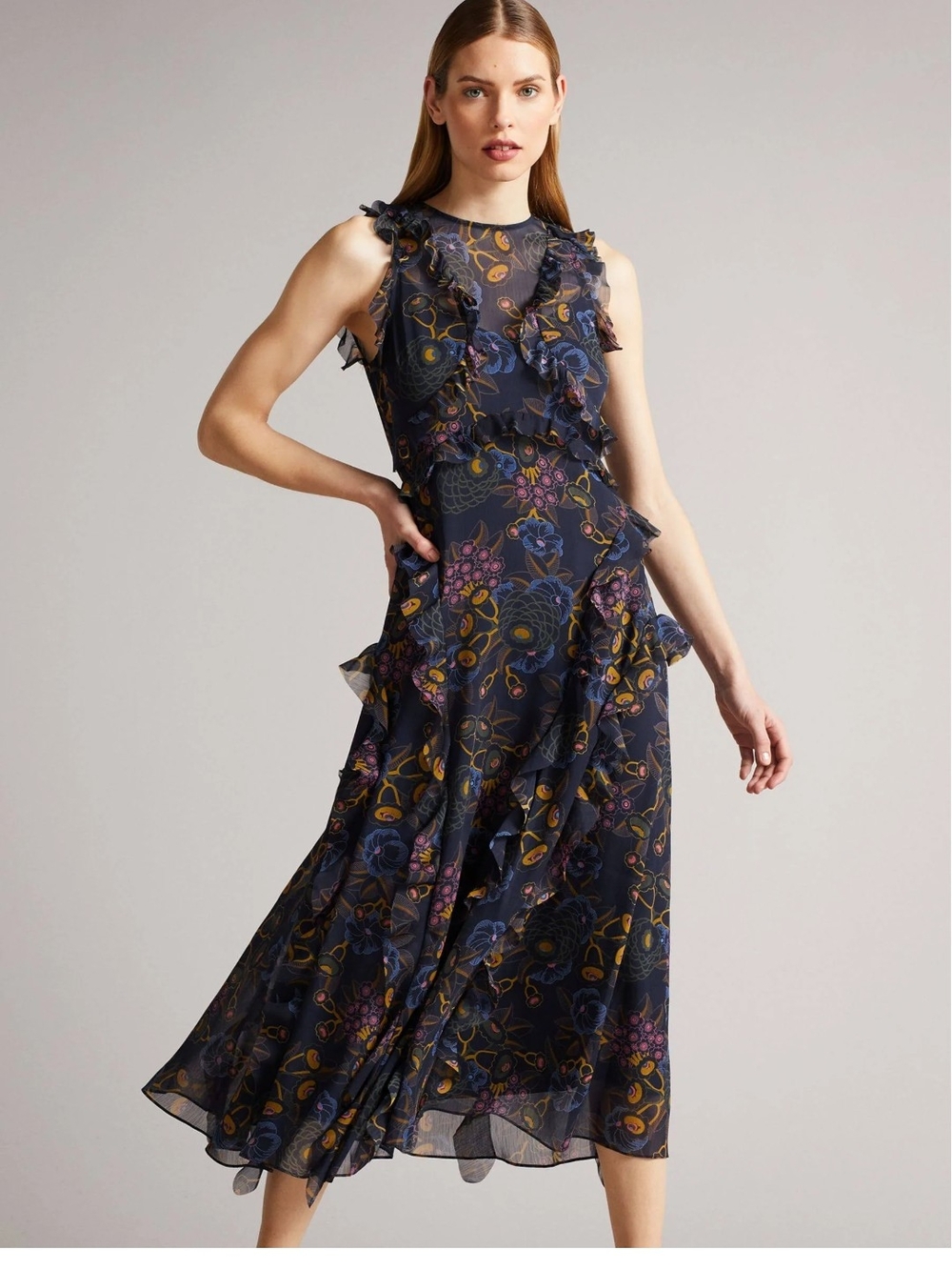 Ted Baker Karolia Floral Ruffle Midi Dress with Purple Accents - Picture 1 of 12